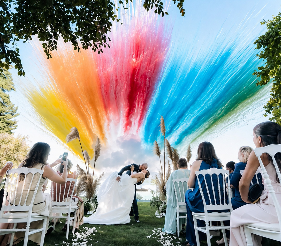 Sposi che si baciano davanti a fumogeni colorati durante la cerimonia