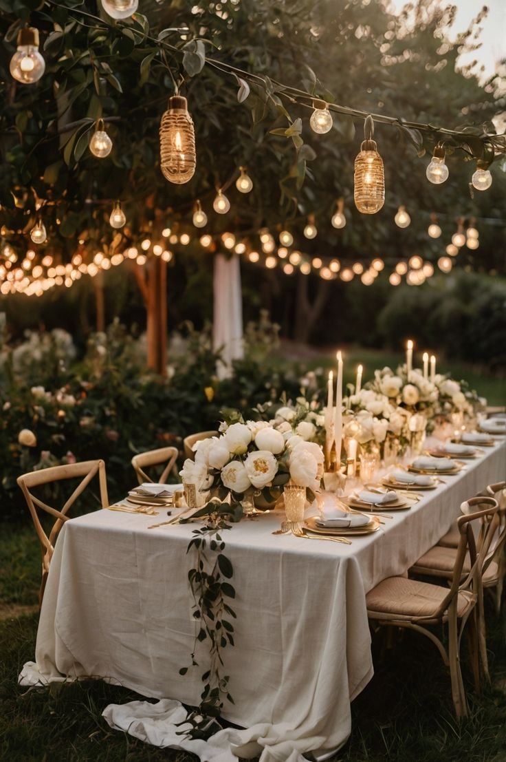 Tavola in giardino con luci e candele